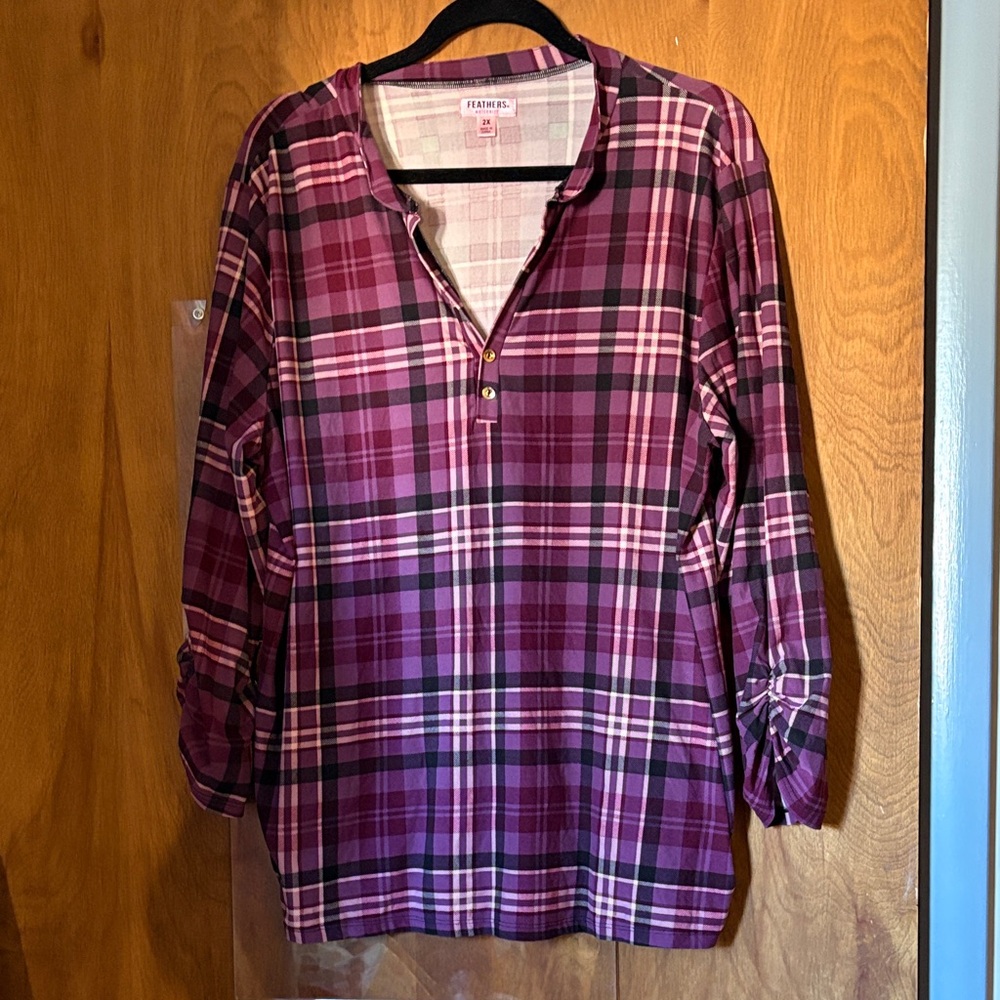 Feathers Maternity Purple Plaid 3/4 Length Sleeve